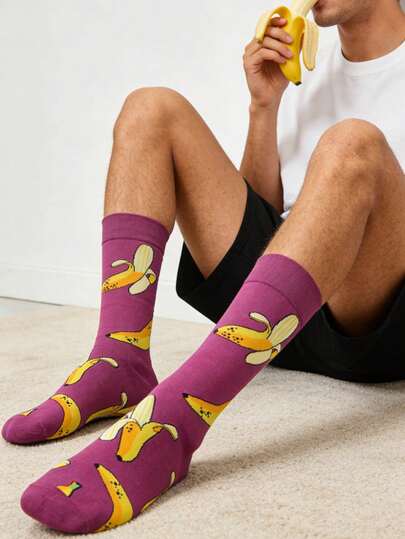 1 Pair Men's Banana Printed Mid-Calf Socks, Fashionable Versatile Unisex Socks, Suitable For All Seasons