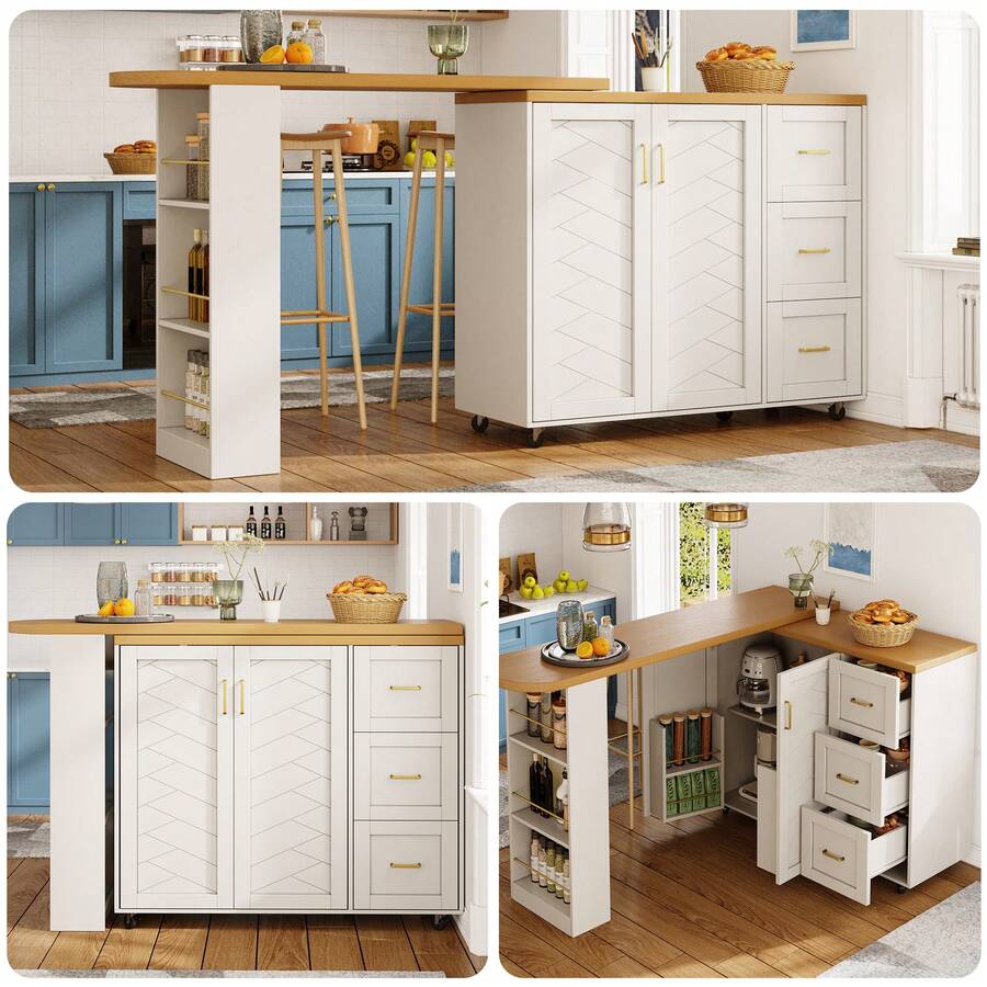 Extendable Bar Trolley With 2 Doors And 3 Drawers (135-228 X 39 X 104 Cm), On Casters, White/Black Bar Table, Wood-Look Worktop - 黑色 - 查看 1