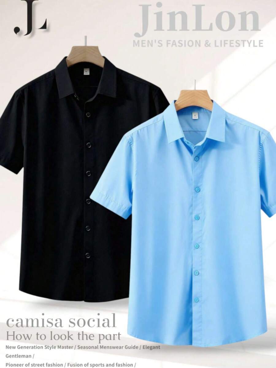 JL KIT 2 Summer Viscose Linen Shirt With Short Sleeves, Breathable And Skin-Friendly, Suitable For Casual Business Or Relaxing Occasions. - 黑色-淺藍色 - 查看 1