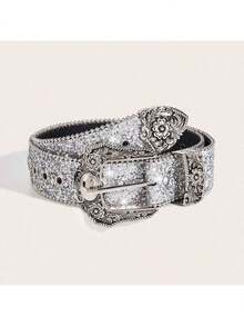 1pc Men's Heavy-Duty Rhinestone Embellished Belt, Suitable For Party And Daily Wear - Silver - View 3