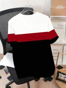 Men's Minimalist Letter & Color Block Pattern Sports Set - Polyester Knit Fabric, Round Neck Design, Drawstring Shorts, Pocket Details, Regular Fit, Suitable For Plus Size - Red - View 4