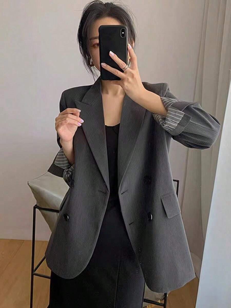 2026春秋新款灰色双排扣女士西装外套，小众奢华简约宽松通勤条纹内衬套装 - 灰色 - 查看 1