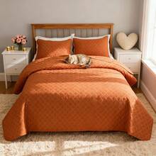 VOLTITO 3pc Bedspread Sets, Ultra Soft Microfiber Quilts Queen Size, 2pcs Pillowcases , Bed Coverlet King Size With Basket Weave Pattern, Lightweight Reversible Bedspread,  Soft Quilt Bedding Set, Lightweight Comforter Set Coverlet - Orange - View 8