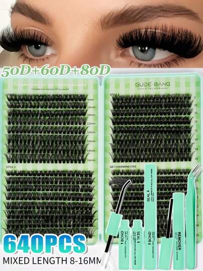 Set di 640 ciglie finte D-Curl voluminose, include tutorial per principianti, ciglie finte segmentate spesse e voluminose, colla, remover, pinzette, lente d'ingrandimento, ciglie individuali riutilizzabili e leggere, ciglie miste morbide e naturali, per creare un trucco occhi 3D drammatico, adatto per fai-da-te a casa, viaggi, pendolarismo quotidiano, feste serali, trucco da sposa e altro ancora