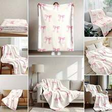 1 Piece Vintage Pink Bow Flannel Blanket - Ultra Soft Cozy Texture, Best Gifts For Her, Mother, Girl, Daughter, Best Friend, Little Friend, Boyfriend, Son, Brother, Wedding Gifts. Playful Bow Print On White, All-Season Lightweight Blanket For Bed And Sofa, Machine Washable, Ideal For Home, Office, Camping, Travel & Halloween-Christmas Decoration. - 多色 36 - 查看 6