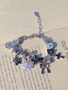 1pc Gothic Leopard Print Cross Charm Bracelet, Black Swirl Cross Bracelet, Leopard Bow Heart Bracelet, Star Girl Bracelet, Ramadan Crescent Moon Bracelet - Silver - View 3