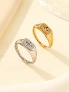 Set de 2 anillos de acero inoxidable de moda minimalista en color dorado y plateado, incrustados con diamante de imitación blancos, adecuados para uso diario o como regalo - Multicolor - Ver 6