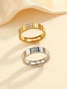 2 piezas Juego de anillos minimalistas de moda de acero inoxidable con baño de oro, incrustados con rhinestones blancos, adecuados para uso diario de mujeres o como regalo - Multicolor - Ver 2