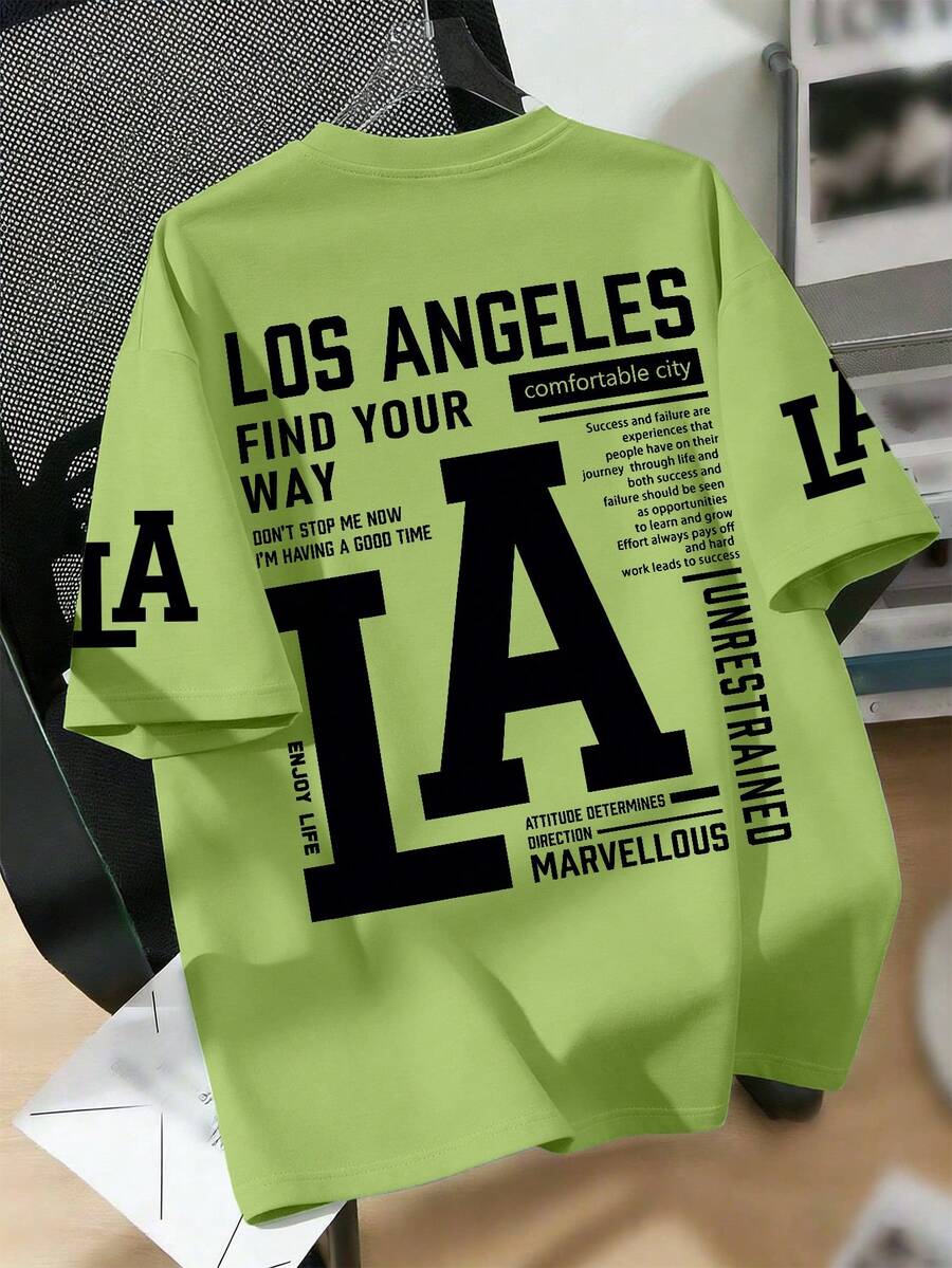 Teenagers Boys LA Slogan Print Round Neck T-Shirt, Soft Casual Tee Shirt For Summer, Street Style And Holiday Wear. Suitable For Boys And Girls, Daily Wear, Loose Fit, Street Style - Green - View 1