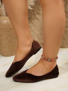 宽楦女士舒适软底时尚尖头加宽套脚鞋，优雅款式，适合四季日常穿着和通勤，深棕色芭蕾平底大码鞋 - 深棕色(金絲絨) - 查看 3