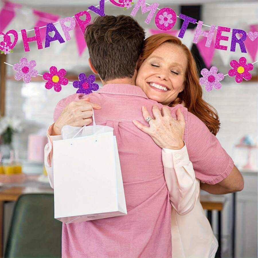 Happy Mother's Day Banner, Mother's Day Party Decorations, 6 Inch Large Pink Purple Glitter Paper Banner, Rose Gold Pink Flower, Mother's Day Gift Mother's Day Decor Indoor And Outdoor - View 1