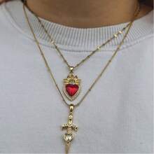 多层情人节新款复古红色爱心水晶项链，女士双层锁骨链，浪漫告白礼物 - 金色 - 查看 8