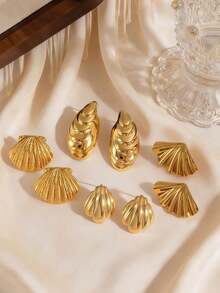 4对/8件，金色时尚女士耳环套装 - 夏季海洋系列耳环，包括大水滴贝壳耳环、贝壳耳环和扇形耳环 - 18K镀金厚实精致耳环套装，时尚优雅，适合日常聚会和派对。 - 金色 - 查看 4