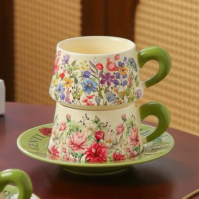 1 Set Luxury Garden Coffee Cup & Saucer Set, Ceramic Mug Large Capacity For Afternoon Tea, Latte, Cappuccino, Tea, Gift For Friends, Couples, Eid Gifts