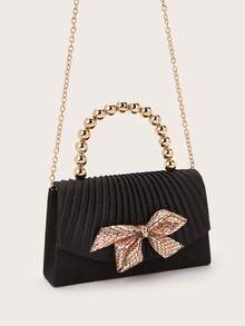 黑色亮片褶皱手拿包，配金色珠子手柄和水钻蝴蝶结贴花 - 黑色 - 查看 4