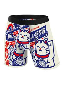 1pc Men's Maneki-Neko Print Boxer Briefs, Fashionable Cartoon Pattern Underwear, Comfortable Stretchy Mid-Rise, Available In M-XXXL - White - View 3