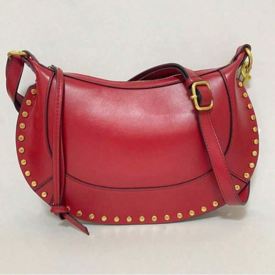 Retro Cross-Border Handbag With A Studded Design, Genuine Leather Shoulder Bag, Fashionable Handbag With Individual Character. ISFrench Retro Cross-Border Studded Classic Crescent Bag Genuine Leather Crossbody Bag Personality Fashion Handbag - Red - View 1