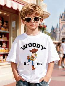 Disney Toy Story Woody Print Kids T-Shirt, White Loose Crew Neck Top, Cowboy Woody Running With "WOODY" & 1995 Logo, Full Of Retro Cool Vibe, Breathable Skin-Friendly, All-Match For Summer Park & Street, Unisex - 白色 - 查看 1
