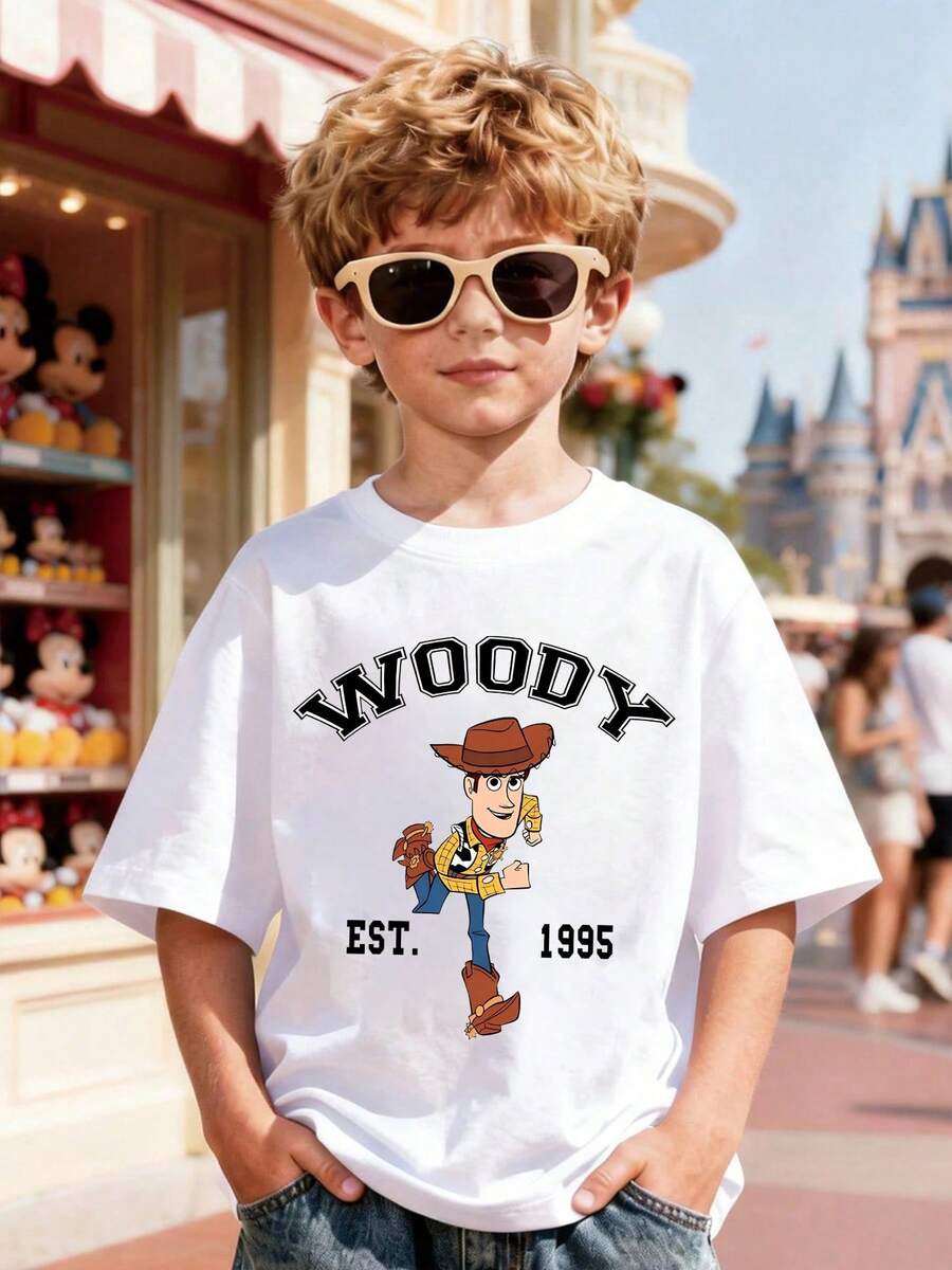 Disney Toy Story Woody Print Kids T-Shirt, White Loose Crew Neck Top, Cowboy Woody Running With "WOODY" & 1995 Logo, Full Of Retro Cool Vibe, Breathable Skin-Friendly, All-Match For Summer Park & Street, Unisex - 白色 - 查看 1