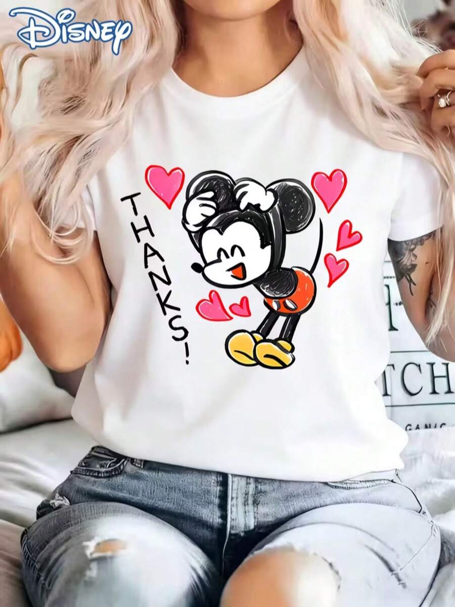 Disney Licensed! Girly Heart-Graffiti Mickey Mouse Print Women's T-Shirt, Casual And Stylish Round Neck Short-Sleeved Summer Top, Cute Cartoon Sweatshirt For Girls, Perfect For Outdoor Everyday Casual Wear. - White - View 1