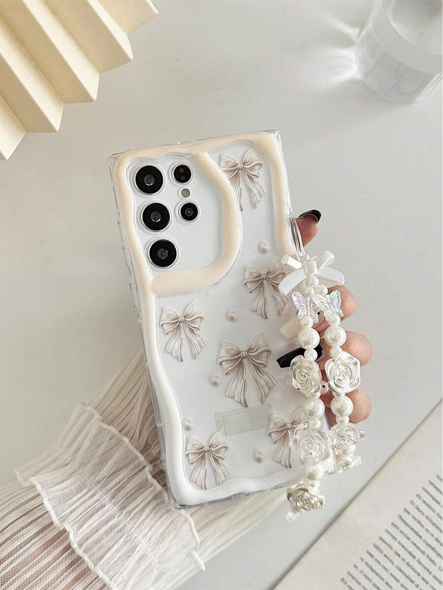 Bow-Knot Cream Textured Wavy Edge Glossy Bow Tie Painted Anti-Drop Phone Case With Beaded Bracelet Accessory, Compatible With IPhone 17pro/17Air /17/17promax16/11/16pro/16plus/16promax/16e/15Promax/13/14/12/XS/XR/7G/8P, Galaxy 11/12Pro/12/12X/13Pro/14Pro/15Pro/, 10/9/Note9/12c/Note11pro/Note8Pro - Multicolor - View 1