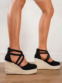 Women's Wedge & Platform Slip-On Espadrille Shoes, Black Round Toe Vacation Beach Woven Strap Sandals, Vacation Rope Sole Elastic Band Paired With Women's Shoes - Black - View 9