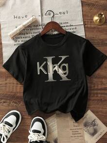 Áo thun tay ngắn cổ tròn in chữ "King" phong cách đường phố dành cho bé trai - màu đen - Xem 3