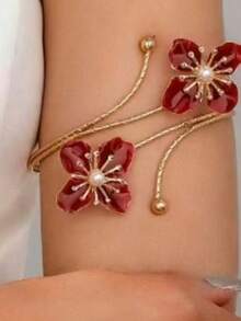 1 Set de brazalete y pulsera abierta con diseño de flor de gota de aceite, rojo y verde, diseño minimalista, versátil y de moda, adecuado para uso diario, fiestas y eventos de mujeres - Multicolor - Ver 11