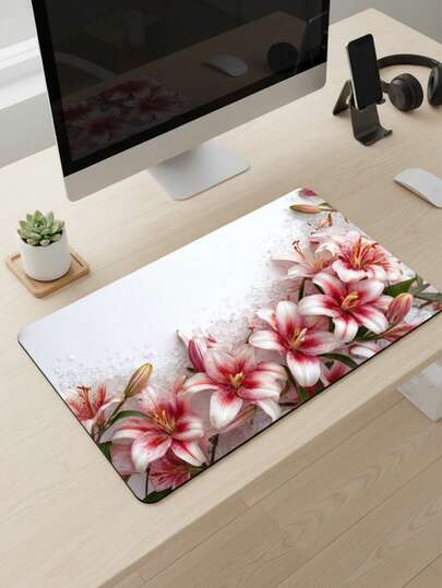 Large Size Mouse Pad, Waterproof Non-Slip Smooth Fabric Surface, Red & White Lily Floral Border Pattern, Suitable As Keyboard Mat, Desk Mat Or Book Stand, Ideal For Gamers, Office And Dorm Use, Compatible With Mouse And Trackball, Great Gift For Gamers