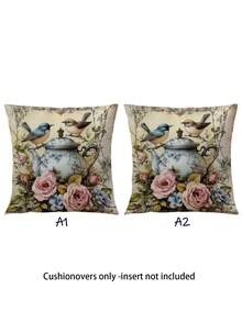 2pcs Spring Style Bird & Flower Teapot Pattern Removable Zippered Pillow Covers, Washable, No Filling, Suitable For Home Decor, Living Room, Sofa, Bedroom - Multicolor - View 9