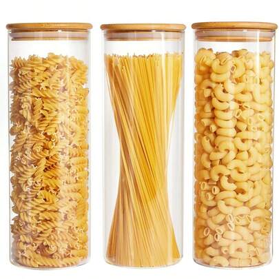 1 grote plastic voedselbewaarcontainer met luchtdicht houten deksel, voor het bewaren van pasta, noten, meel, glazen pot voor keuken- en voorraadkastorganisatie en -opslag