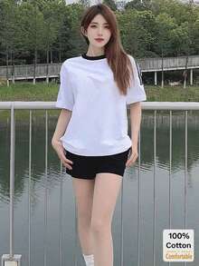 2026春夏新款短袖中长款T恤女装，时尚撞色条纹上衣 - 白色 - 查看 5