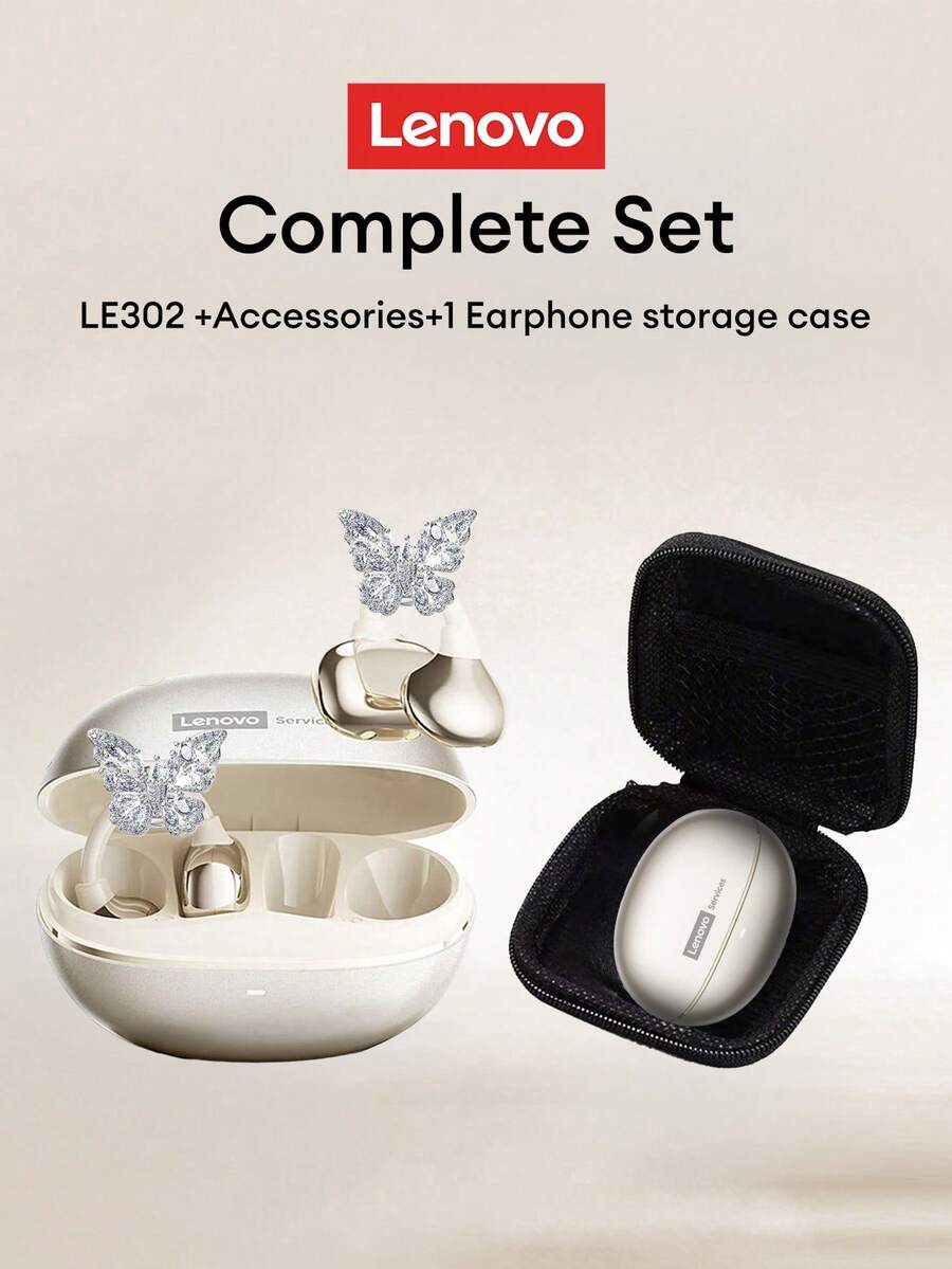 Lenovo RS106 時尚夾式藍牙耳機，附蝴蝶飾品與收納袋，全景音效、降噪、低延遲，適用音樂、通話、遊戲，舒適佩戴，無需穿耳，女孩時尚耳環飾品，穿搭配件，送給女孩的禮物