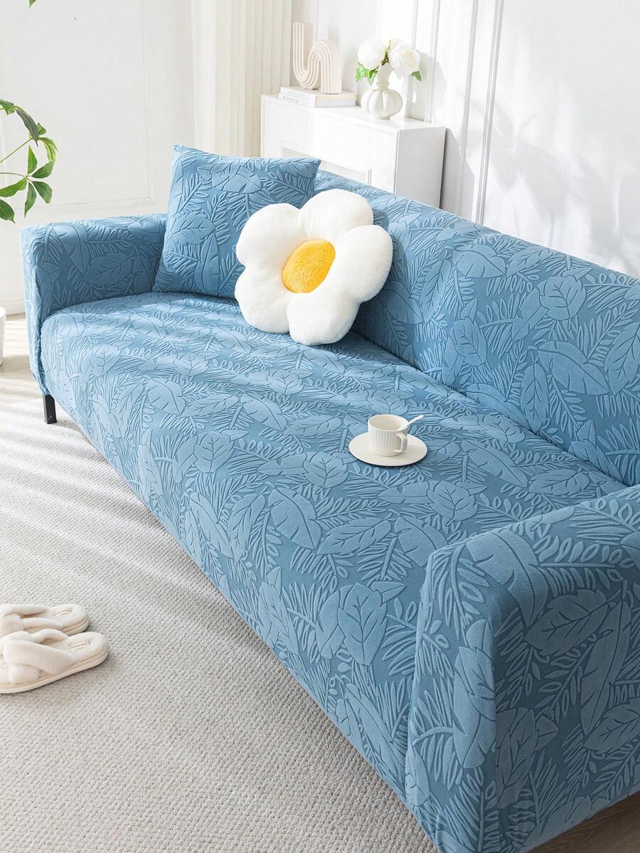 1pc 3D Sofa Cover, Multi-Functional Full Coverage Sofa Slipcover, Solid Color Leaf Pattern Design, Protective Sofa Cover, Holiday Decor, High Elasticity Full Wrap One-Piece Sofa Cover, Comes With 1 Pillow Case