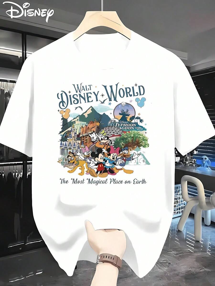 Mickey Mouse, Minnie, Donald Duck, Disney's Classic Cartoon Image, Walt World, Character Cartoon Printed Men's Fashion T-Shirt With Round Neck And Short Sleeve, Casual And Comfortable Shirt, Very Suitable For Home And Outdoor Activities - 白色 - 查看 1