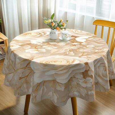 1件优雅白色花卉涤纶桌布 - 编织方形/圆形防尘桌布，适用于家庭和客厅，装饰性长方形咖啡桌布