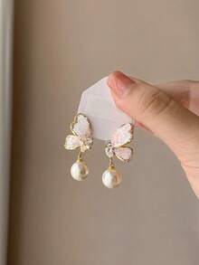 Crystal Butterfly Pearl Earrings, Unique Design Fashionable Earrings For Women - Pink - View 5