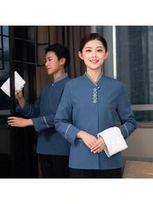 作業服レディースひし形花清掃長袖ホテル客室清掃員おばさん出勤する - ブルー - チェックする 2