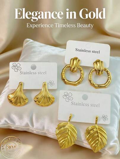 Stainless Steel Earrings, Golden Geometric-Shaped Stainless Steel Jewelry, Ladies' Earrings, Pituitary Earrings, Gold-Plated Hinge Round Earrings, Bamboo, Texture, Diamond Cutting, Hexagon, Square, Circle, Heart Shape, Teardrop Shape, Butterfly Shape, Leaves, Flowers, Irregular Shapes, Sturdy Hypoallergenic Earrings, Suitable For Sensitive Ears, Ladies' Charming Accessories, Middle Eastern Fashion Jewelry, Ramadan Decoration Jewelry And Accessories, Party And Festival Gifts (1/3 Pairs)