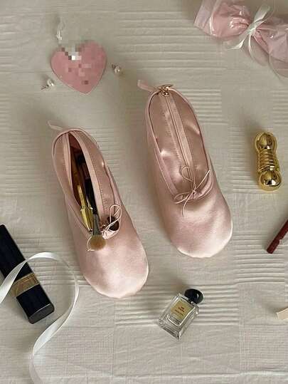 1个粉色芭蕾舞鞋化妆包，多功能大容量收纳袋，桌面文具收纳包，可装文具、化妆品、口红、气垫、考试铅笔盒等，礼品装