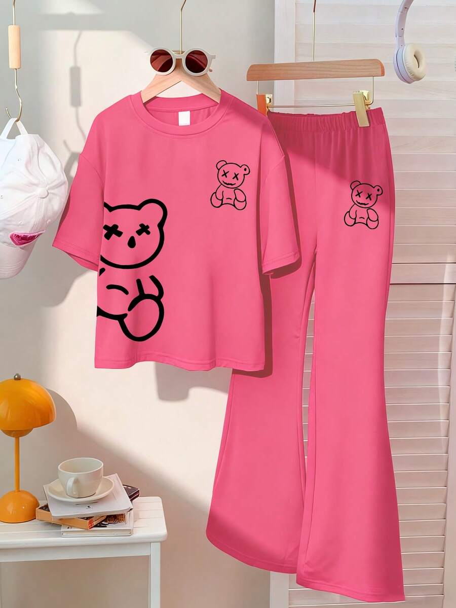 Set de 2 piezas de top de manga corta y shorts casual de verano, adecuado para actividades al aire libre en primavera y verano, lavable a máquina, cómodo y elegante top de verano - Rosa Fucsia - Ver 1