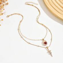 多层情人节新款复古红色爱心水晶项链，女士双层锁骨链，浪漫告白礼物 - 金色 - 查看 7