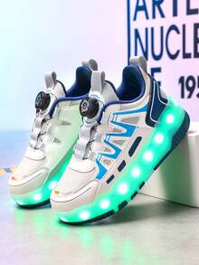 Youth LED Light Up Roller Skate Shoes, Wheels Retractable, All Season LED Lighting Wheels Sneakers, Fashionable Streetwear Style Plaid Skateboard Shoes With Hook And Loop And Rechargeable Lithium Polymer Battery, Outdoor Sports Low-Top Roller Skating Shoes With Breathable PU Upper And Durable TPR Sole - Mint Blue - View 6