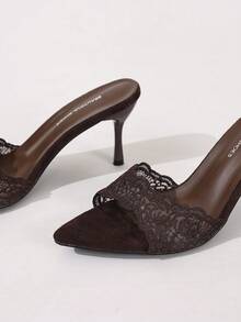 Black Open Toe Mesh Summer New Fashion Stiletto High Heel Sandals, Minimalist Versatile Women's Formal Sandals, Pointed Toe Elegant Stiletto Slide Sandals, Women's High Heel Shoes, Women's Brown High Heel Shoes - Brown - View 3