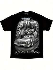 Urban HOMIES Graphic Tee - Black T-Shirt Featuring City Skyline And Classic Convertible Car Design, Bold 'HOMIES' Text, Cartoon Figures In Street Style Vibe, Relaxed Casual Wear - Perfect For Daily Outings, Street Style Enthusiasts, And Laid-Back Gatherings With Friends - 黑色 - 查看 1
