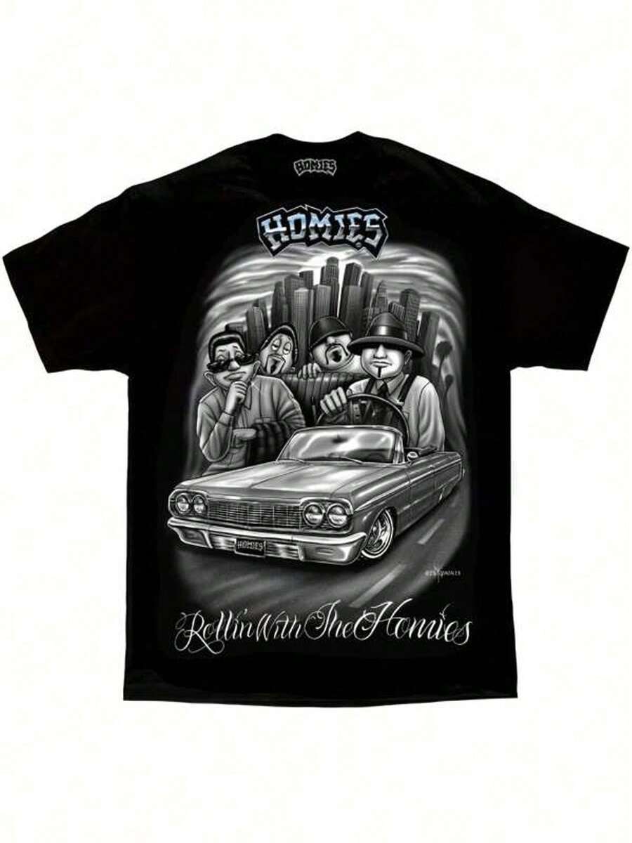 Urban HOMIES Graphic Tee - Black T-Shirt Featuring City Skyline And Classic Convertible Car Design, Bold 'HOMIES' Text, Cartoon Figures In Street Style Vibe, Relaxed Casual Wear - Perfect For Daily Outings, Street Style Enthusiasts, And Laid-Back Gatherings With Friends - 黑色 - 查看 1