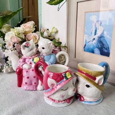 Handmade Ceramic 3D Sculpture And Hand-Painted Cute Cat Teapot, Coffee Pot, Couple Cups, Tea Cups, Suitable As Christmas, Valentine's Day, Mother's Day And Birthday Gifts