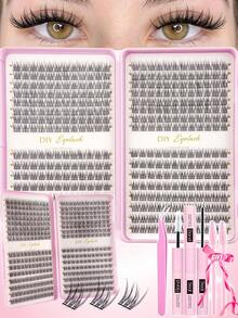 384片装纤细睫毛嫁接套装，自然簇状睫毛DIY嫁接套装，蓬松C型卷翘单根睫毛，含睫毛胶、封口胶和睫毛镊子，9-12毫米 - 彩色 - 查看 12