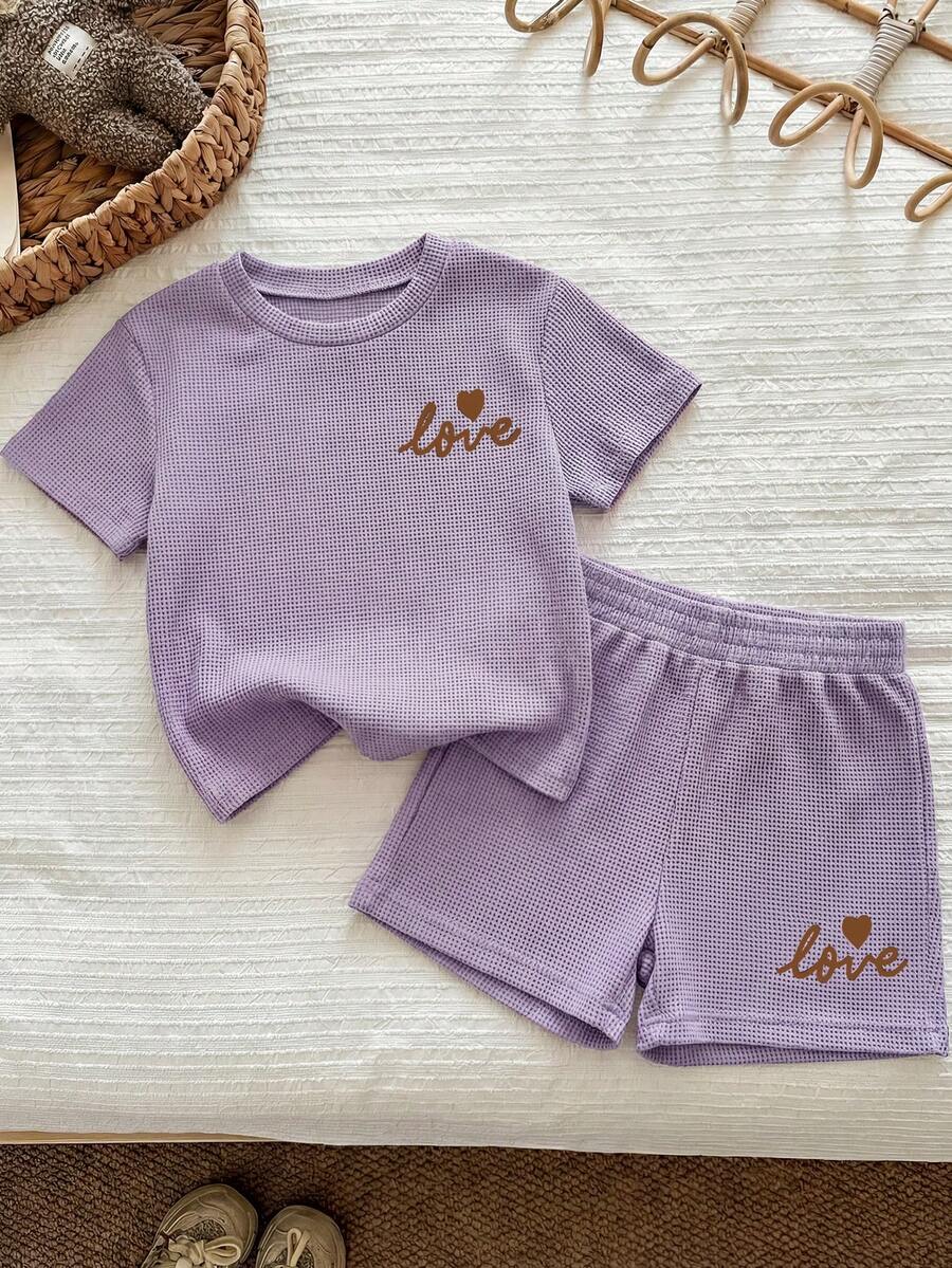 Bộ 2 món cho bé gái, chất liệu mềm mại, màu tím, áo thun in hình trái tim và quần short, trang phục mùa hè đa năng dễ phối đồ cho trẻ em. - Màu tím - Xem 1