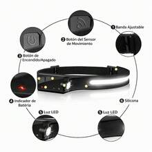 Lámpara frontal recargable con sensor de movimiento y luz LED potente para trabajo, camping y uso diario. Liga para cabeza ajustable, con iluminación y sensor. - Negro - Ver 6